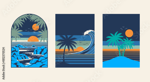 A set of three pixel art landscapes featuring tropical islands, palm trees, ocean waves, and sunsets, evoking a retro and nostalgic summer vibe isolated on
