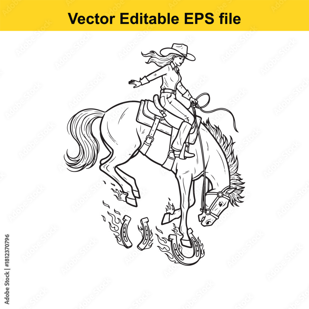 Obraz premium Black and white line art vector drawing of a cowgirl riding a bucking horse with flying horseshoes and flames, isolated on