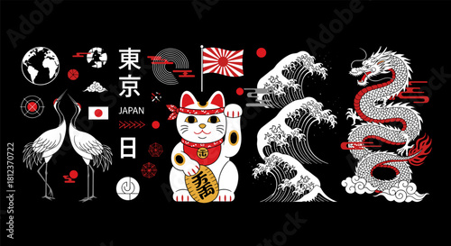 A captivating vector illustration showcases iconic japanese symbols, including a beckoning cat, a majestic dragon, and the rising sun, evoking the essence of tokyos vibrant culture