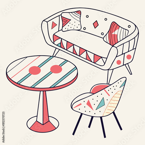 Whimsical dining set with a patterned round table, a quirky sofa, and a playful chair isolated on, perfect for adding a touch of fun