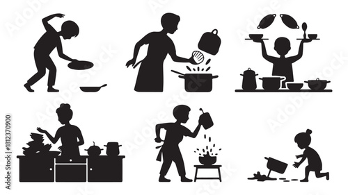 Silhouette illustrations of people cooking cleaning and preparing food in the kitchen vector icons for culinary and family concepts