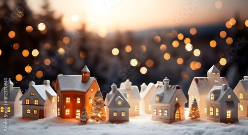 Ceramic christmas village houses with warm glowing lights