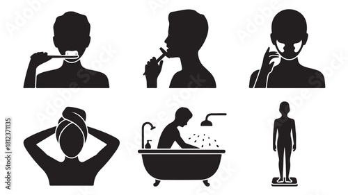 Set of personal hygiene icons black silhouette vector illustrations depicting daily routines isolated on white background