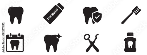 Dental hygiene icons: teeth, toothbrush, toothpaste, and floss. Tooth care and oral hygiene glyphs. Vector illustration of dentistry concepts like a clean smile, floss, toothbrush, protection.