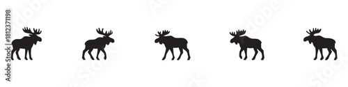 Set of black moose silhouettes in side profile view, isolated vector icons for wildlife design, nature illustration, and pattern use. Vector Illustration.