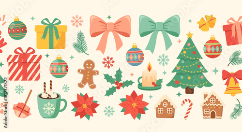 Seamless christmas pattern with gifts, gingerbread man, christmas tree, ornaments, poinsettia, candle, bows, and snowflakes isolated on
