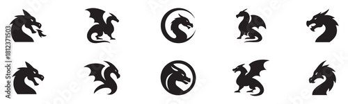 Dragon Silhouette. Dragon logo. Dragon Crest Wings great set collection, dragon tattoo designs, Black vector illustration on white background. Vector Illustration.