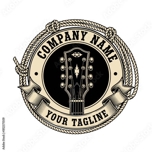 A vintage-style circular logo featuring a mandolin headstock, a rope border, and customizable text banners.