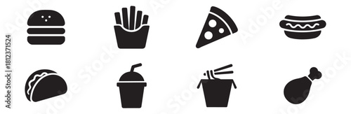Fast food silhouette icons set. Solid, filled, meal and snack symbols. Vector Illustration.