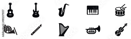 Musical instruments solid icon set. Guitar, piano, drum, saxophone icons collection. Vector Illustration.