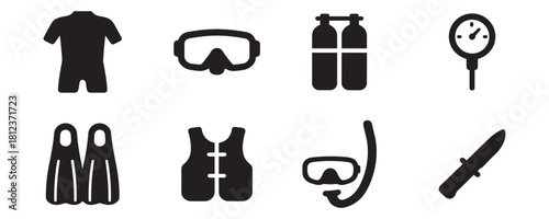 Diving Gear Icon. Scuba Diving Gear Icons. Equipment and underwater symbols. Vector Illustration.