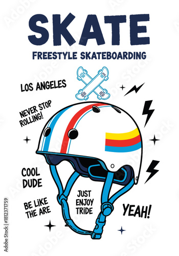 Cartoon skateboard helmet with inscription skate freestyle skateboarding isolated on vector illustration