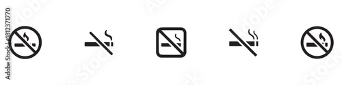 No smoking icon. Stop smoking symbol. Forbidden cigarette signs. Ban tobacco symbols. Prohibit nicotine icons. Black, red, flat color. Vector sign. Vector Illustration. EPS 10