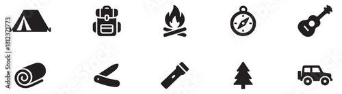 Collection of camping and outdoor activity icons featuring tents, campfires, and hiking symbols for adventure enthusiasts. Vector Illustration.