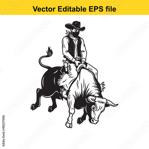 Black and white vector illustration of a cowboy riding a bucking bull in a rodeo competition, isolated on