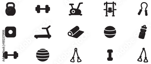 
Fitness and gym solid icons set. Fitness equipment icon. Filled, workout and exercise equipment symbols. Vector Illustration.