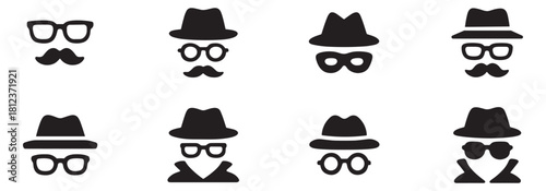 Incognito icon set. Anonymous spy agent, private detective character in disguise with hat, glasses, mustache. Security, privacy, hidden identity concept. Vector illustration. EPS 10