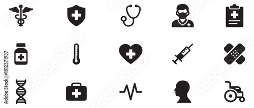 Health-related icons featuring medical symbols, tools, and professionals in a comprehensive design. Vector Illustration.