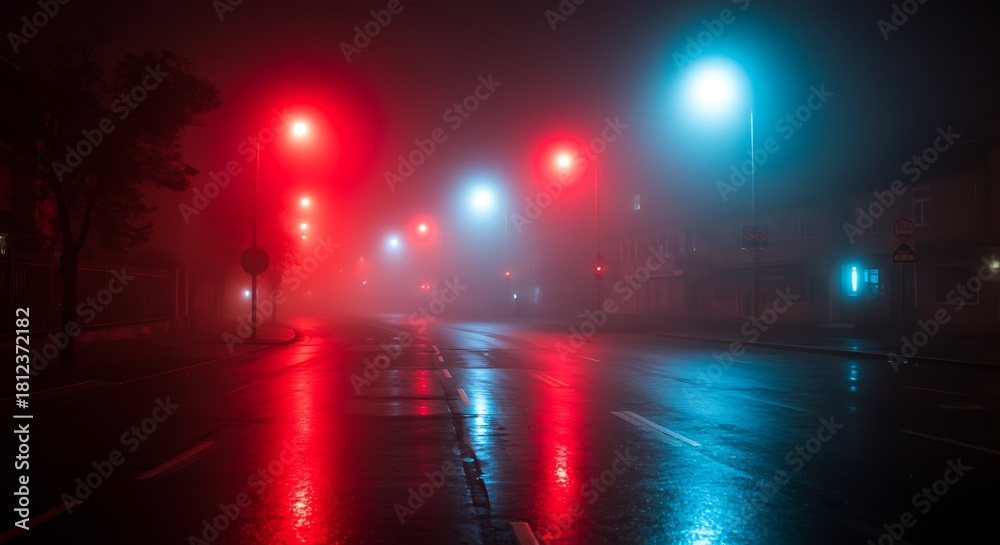Naklejka premium Eerie and foggy city street illuminated by vibrant red and blue lights