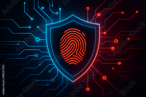 Cybersecurity fingerprint shield glowing with red and blue neon lights symbolizing dual authentication identity access technology
