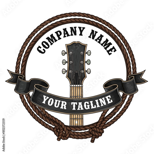 Guitar logo with rope border and banner for company name and tagline.