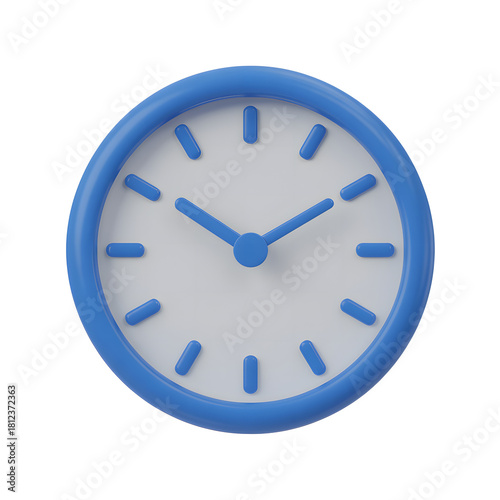 A simple blue and white clock face with hands showing the time isolated on white background