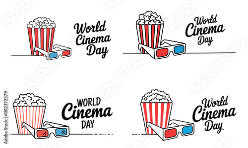 World cinema day illustration with popcorn bucket and 3d glasses
