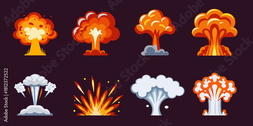 Collection of stylized cartoon explosions and mushroom clouds