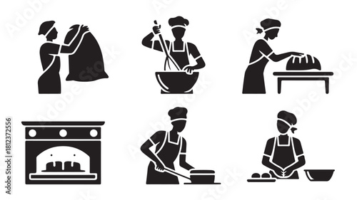 Set of black and white bakery icons depicting bakers preparing dough and baking bread simple vector glyphs isolated on white