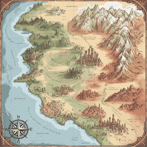 Fantasy world map with mountains, rivers and settlements