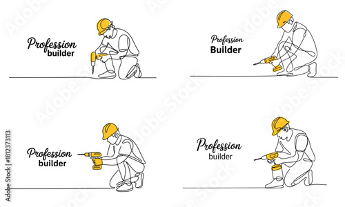 Builder profession illustration with construction worker using drill tool

