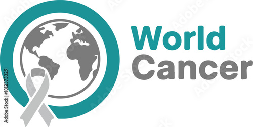 World cancer awareness logo with globe and ribbon symbol design