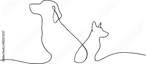 Single line drawing of a dog and a cat animal outline