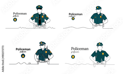Policeman profession illustration with officer uniform and badge in line art style
