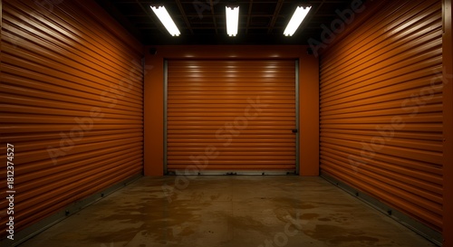 Interior of storage unit with closed orange door and lighting system