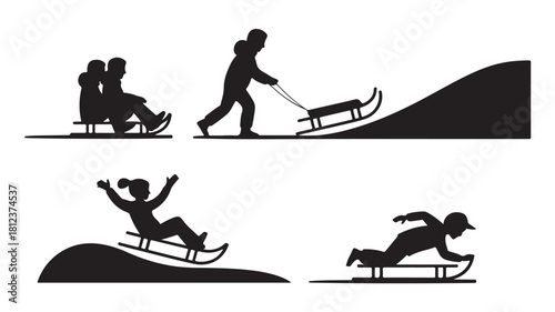 Silhouette vector illustration of people sledding winter activity design element for seasonal graphics and recreational projects
