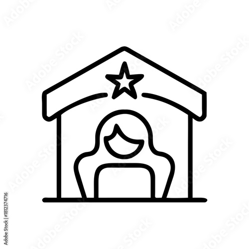 Woman smiling inside a stable with star symbol for christmas  
