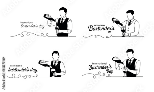 Minimal line art  of international bartender day with bartender pouring drink
