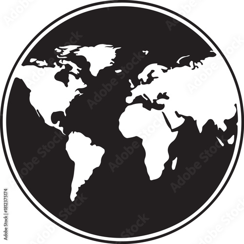 Black silhouette of a world map within a circle on a white background globe earth also transparent background