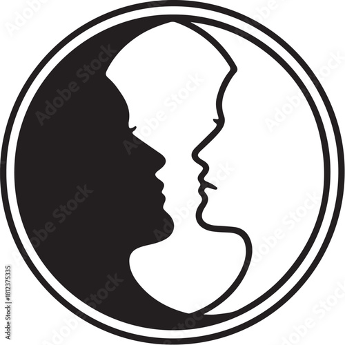 Yin Yang Symbol With Two Faces Silhouette In Circle Keywords: yin yang, symbol, duality, balance, harmony, opposition, contrast, connection, relationship, love, also transparent background