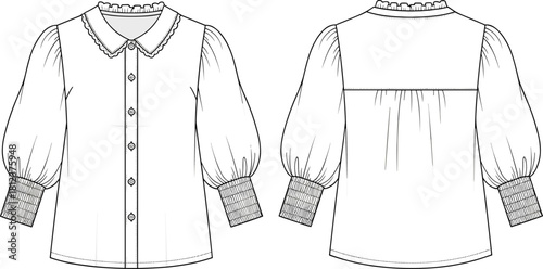 Fashion blouse sketch, puff sleeve design, ruffle collar top, garment illustration board, clothing style chart, couture reference sheet, designer inspiration