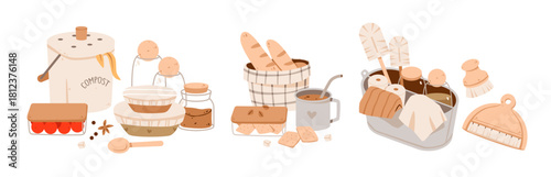 Eco friendly kitchen supplies with reusable items. Flat vector illustration of a zero waste kitchen featuring reusable jars, wooden utensils, and organic food storage.