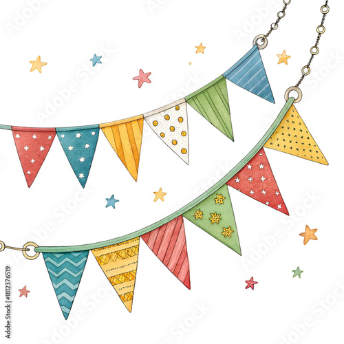 Colorful pennant chain isolated on white background. Carnival garland with flags. Festive background.
