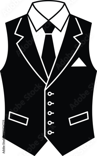 Formal Vest Icon Vector Illustration, Black and White Tuxedo Waistcoat with Shirt, Tie, and Pocket Square, Men's Fashion Apparel Graphic Silhouette