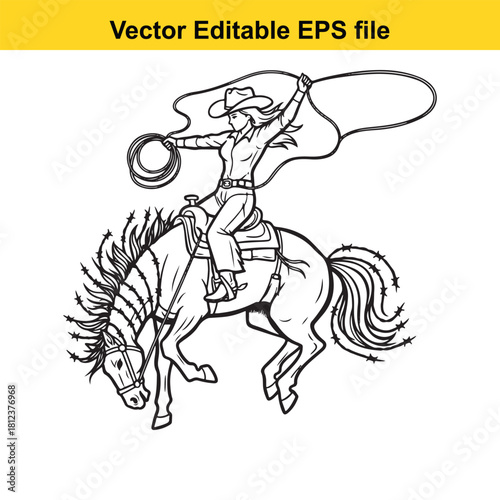 Line art vector illustration of a female rodeo cowboy or cowgirl riding a bucking horse and swinging a lasso, isolated on