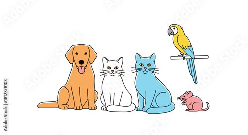 Cute cartoon illustration of various domestic pets including a dog, cats, a parrot and a mouse.
