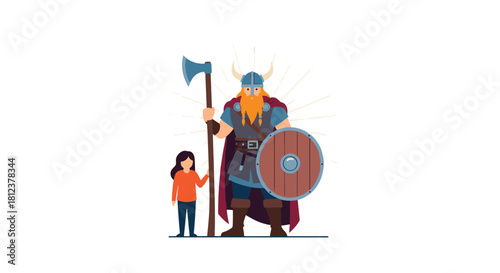 A small person stands next to a giant Viking warrior holding an axe and shield.