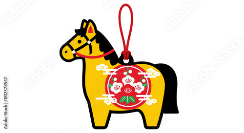 A charming horseshaped charm with traditional japanese design elements, symbolizing good luck and prosperity, isolated on