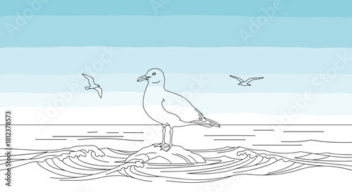 A lone seagull stands on a rock in the ocean with other seagulls flying nearby.