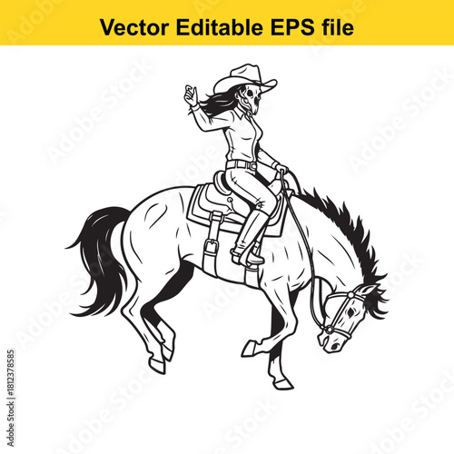 Black and white line art vector illustration of a cowgirl wearing a cowboy hat riding a rearing horse, isolated on